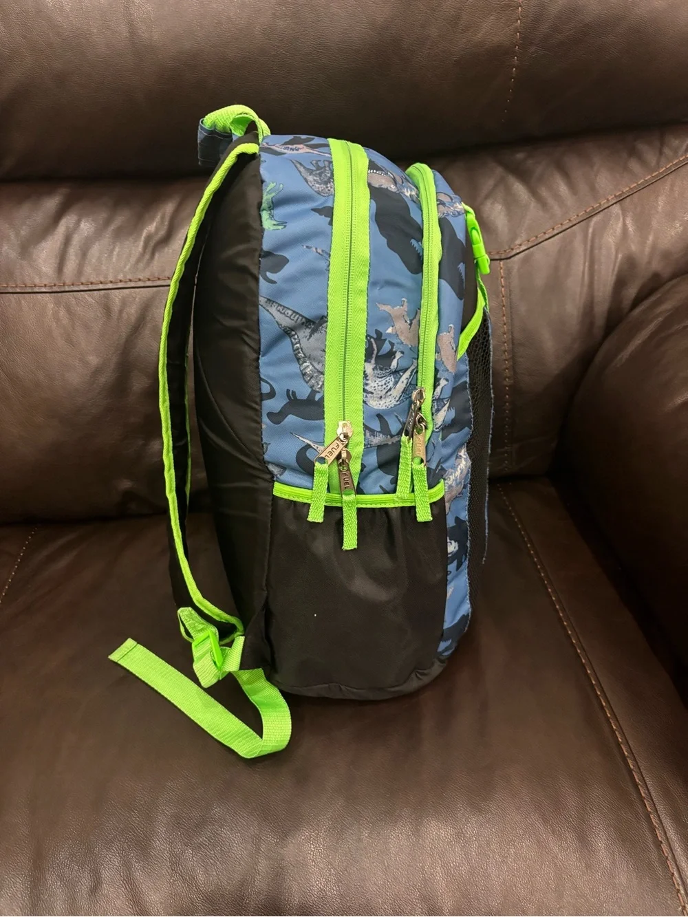 Blue & Neon Green Dino Print kids Backpack